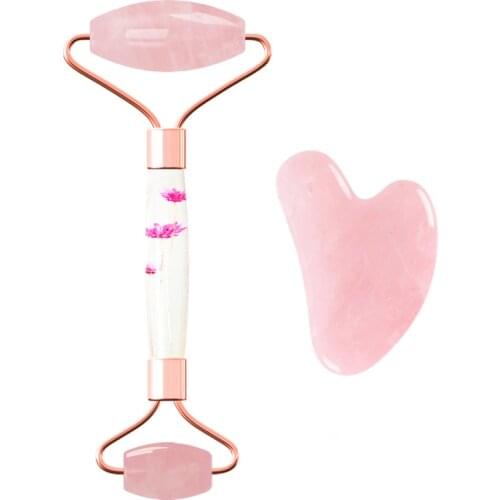 Rose Quartz Face Roller Gouache Scraper Set For Skin Care Dried Flowers Natural Stone Pink Crystal Facial Roller Massager