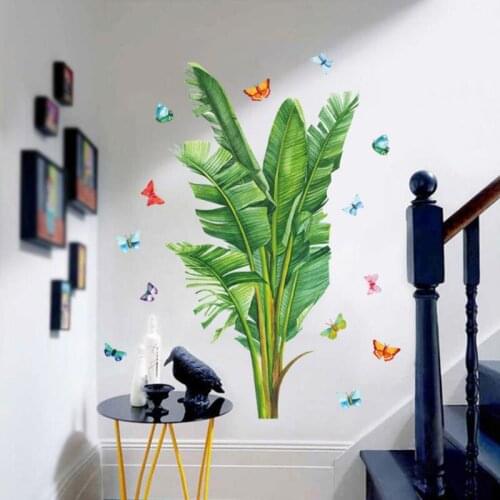 Tropical Green Plants Leaves Butterfly Wall Stickers Bedroom Living Room Decorative Mural art Decals