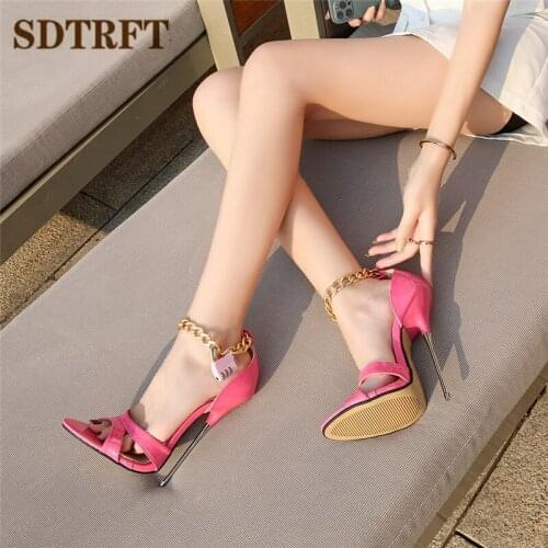 SDTRFT Stiletto Ladies 16cm High-Heeled Buckle Sandals Metal Chain locked padlocks Shoes Woman zapatos mujer Girls Party Pumps