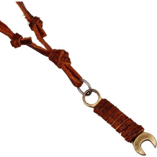 Vintage Fashion Alloy Wrench Pendant Necklace Weave Brown Genuine Leather Bronze Charms Long Chain Handmade Retro Punk Jewelry