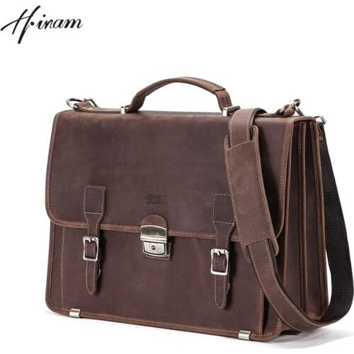 Contacts genuine crazy horse leather vintage Men Briefcase for macbook air 13.3 inch hasp male handbag messenger bag laptop bag