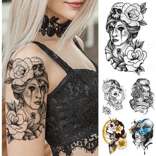 Waterproof Temporary Tattoo Sticker Old School Flash Tattoos Skull Tears Rose Beauty Girl Portrait Body Art Arm Fake Tatoo Women