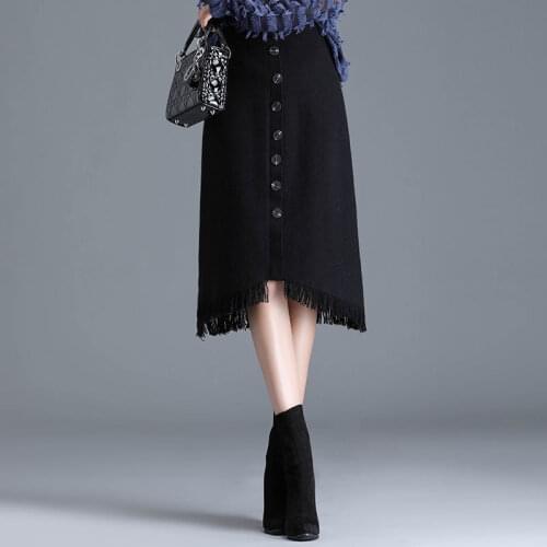 Knitted High Elastic Autumn and Winter Irregular Slit Tassel Edge Woman Skirts Faldas Jupe