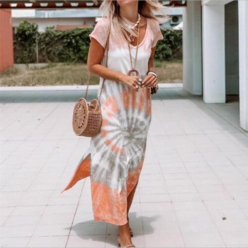 Women Bohemian Tie-dye Long Dresses Casual Plus Size V-neck Tie Dyeing Print Split Short Sleeve Maxi Dresses Party Plus Size#js5