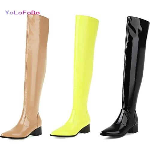 Patent PU Leather Women Over the Knee Boots Fashion Pointed Toe Square Heel Ladies Thigh Boots Side Zipper Fall Winter Shoes2021