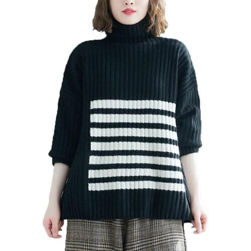 NYFS Korean Turtleneck Woman Sweater Winter Clothing 2021 New Loose Horizontal stripes Keep warm Knit Sweaters