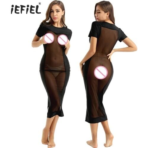 Womens Sexy Exotic Dresses Fashion Short Sleeves See Through Mesh Transparent Bodycon Long Dress Party Clubwear Slim Fit Dress