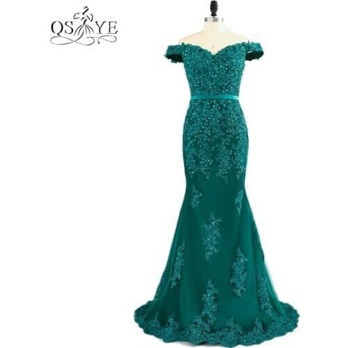 Teal Green Evening Dresses 2021 Modest Robe De Soiree Mermaid Style Beading Tulle Formal Prom Gowns Off The Shoulder Party Dress