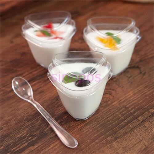 10pcs Disposable clear plastic mini triangular shape pudding cup with lid and scoop, jelly/mousse/cake display cups, SP01