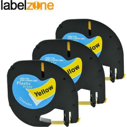 3PCS 12mm Black on Yellow Compatible Dymo Letratag 91202 Plastic Tapes LT 91202 Ribbon Label for DYMO Letra Tag Label Maker