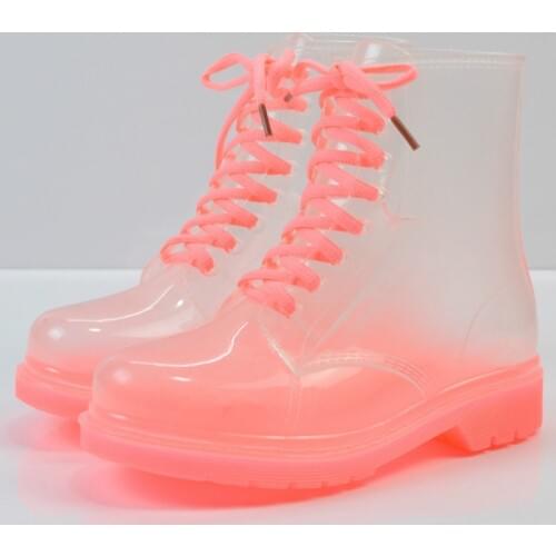 Ankle Rain Boots Platform Lace Up Transparent Waterproof Rain Shoes Motorcycle Candy Colors Rainboots Fashion Woman Shoes