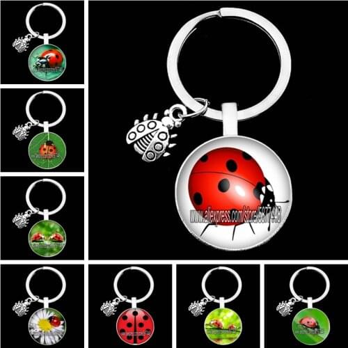 Cute Animal Ladybug Girl Glass Cabochon Keychain Lovely Insect on The Leaf Women Keychain Gift for Ladybug Lovers