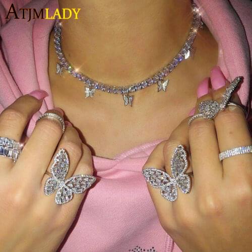 New Heart arrow cz tennis chain with luxury drip cz butterfly charm 32+10cm choker necklaces iced out bling party women jewelry