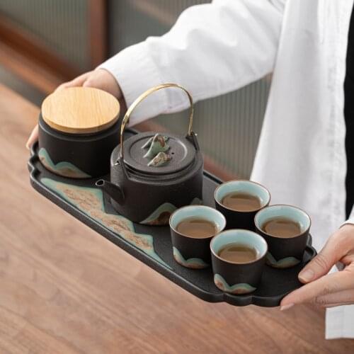 Japanese Style Hand Drawn Mountain Shadow Loop-Handled Teapot Dry Pour Sets Kung Fu Tea Set Home Living Room Mini Set Teacup