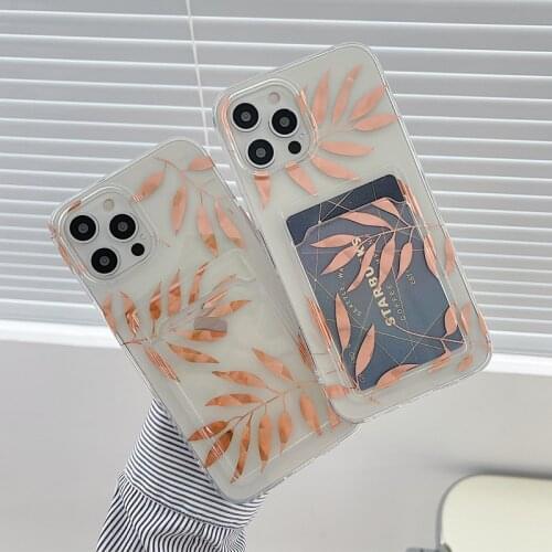 Gold Leaf Card Wallet Phone Case For iPhone 11 12 Pro Max X XR XS 7 8 Plus SE2 Case Shockproof Transparent Soft TPU Back Cover