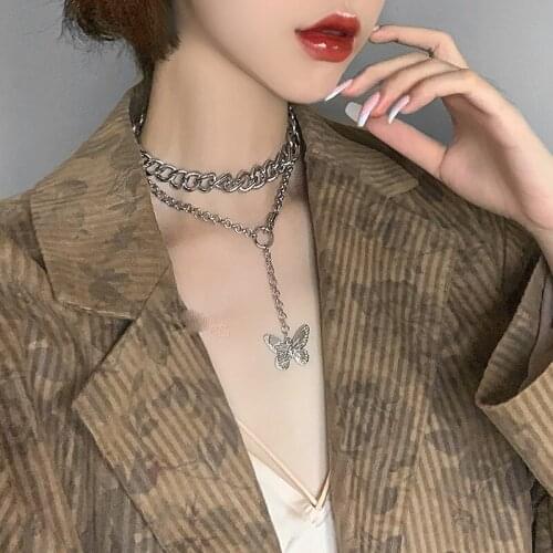 Hip hop Double Layer Clavicle Chain Choker Necklaces Jewelry Antique Silver Color Geometric Butterfly Pendant Necklace For Women