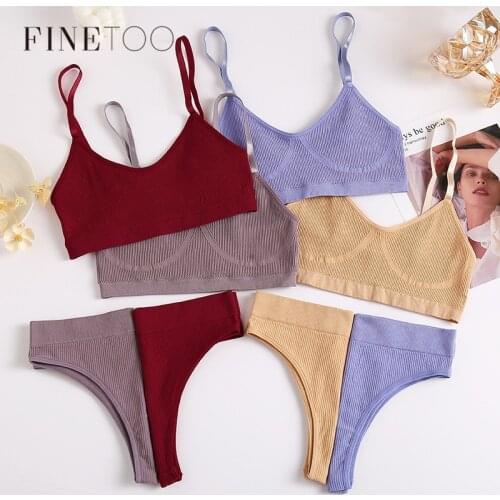 FINETOO Seamless Women Top Panties Set Cotton Tops Low Waist G-String Underwear Set Soft Active Wear Lingerie Fitness Crop Top