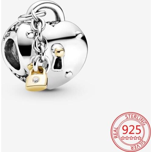 New 100% 925 Sterling Silver Two-Tone Heart Lock Beads Original Charm Fit Pandora Bracelet Pendant Women Festival Jewelry Gift