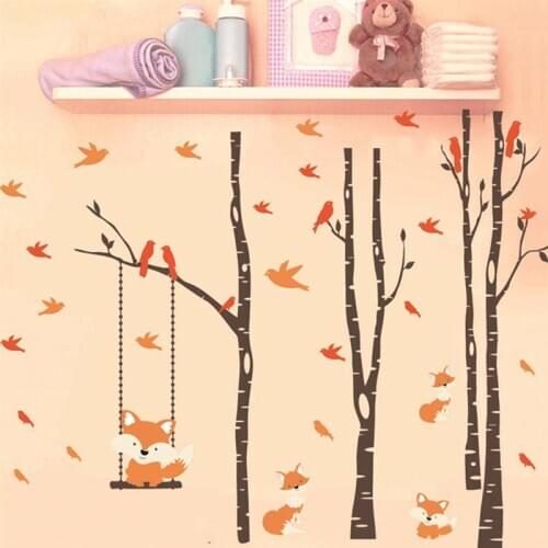 1Pc Fox Forest Wallpaper Cartoon Animal Wallpaper Self-adhesive Poster Nordic Style Wall Sticker Assorted Color
