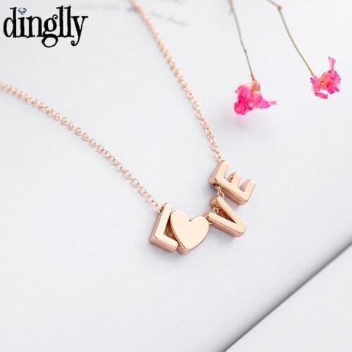 Dinglly Simple Letters Love Heart Pendant Necklace For Women Men Girlfriend Original Golden Couple Lover Charm Necklace Collar