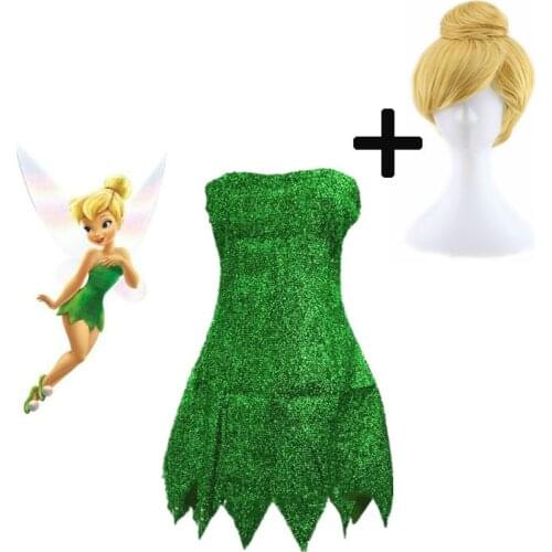 Pixie Fairy Cosplay Costume Tinker Bell Green adult Dress Tinkerbell Halloween Party Sexy Cosplay Mini Dresses With Wig