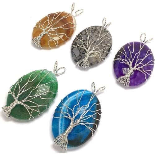Silver Plated Wire Wrap Oval Shape Many Colors Agates Pendant Tree of Life Ethnic Style Jewelry