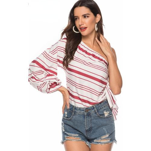 Clearance Women Striped One Shoulder Blouse Sexy Fashion Puff Sleeves Female Casual Ruffles Bluas Tops Summer Ladies Plus Size