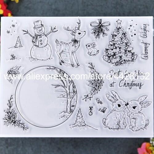 Merry Christmas Warnest Wishes Tree Rabbit Flowers Deer Scrapbook photo cards rubber stamp clear stamp transparent stamp 2011117