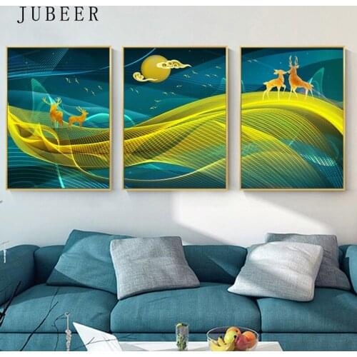 Scandinavian Style Abstract Canvas Painting Golden Sun Posters and Prints Deer Pictures for Living Room Home Decor for Room