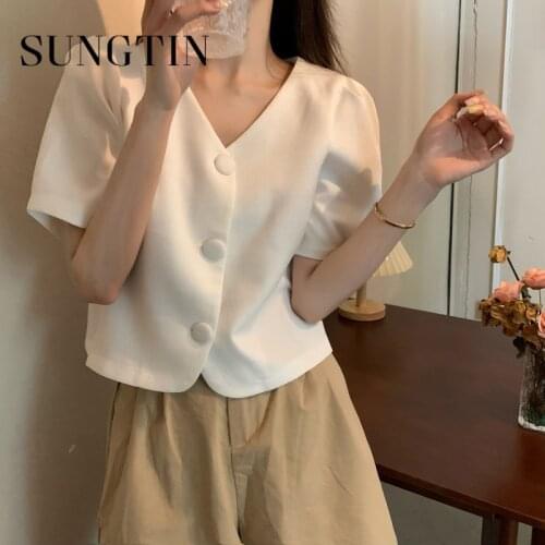 Sungtin Korean V-neck Buttons Women T-shirt Thin Fashion Elegant Design Causal Female Shirt Sweet Short Sleeve Shirt 2021 Summer