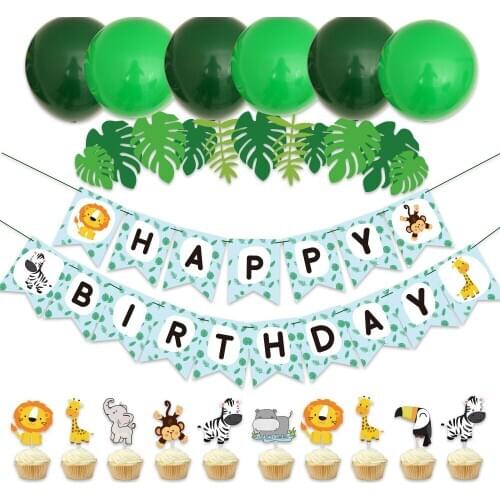 Jungle Animal Theme Happy Birthday Banner Decoration Latex Balloon Children Birthday Party Decoration Zebra Lion Baby Shower Toy