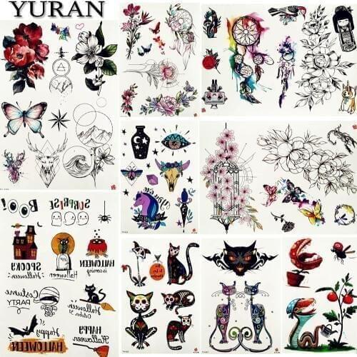 YURAN Children Arm Hands Art Tattoo Stickers Women Body Neck Dream Catcher Flower Tattoos Temporary Cute Cats Flash Tatto Xmas