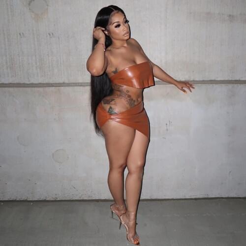 Women Faux Leather Sexy Sleeveless Y2K Crop Tops Cosplay Costume Mini Skirts 2 Piece Sets Asymmetrical Exotic Customs Outfits