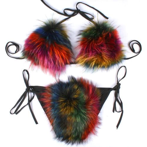 VOARYISA Womens Bikini Natural Real Fox Raccoon Fur Underwear Cosplay Toy Party Bar Club Beach One Size