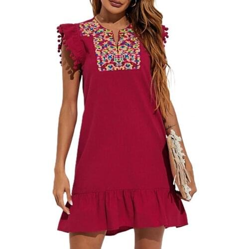 Summer Plus Size Women Mini Dress V Neck Elegant Floral Embroidery Print Ruffle Hem Sleeveless Casual Dresses Party