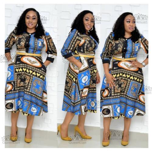 2019 New African Bazin Print Dashiki Women Long Elasitc Pattern Dress With Belt for Women （ZC08