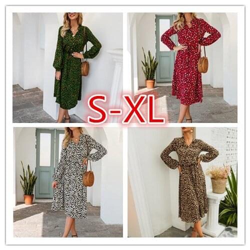 2021 NEW Spring Summer Dress with Buttons Women Clothes Leopard Print Long Sleeve Midi Dresses V-neck Party Dress Vestidos