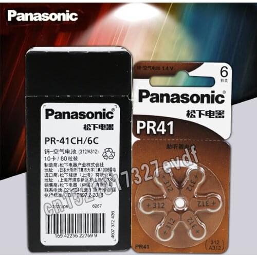 60PCS/LOT 100% Genuine Panasonic PR41 Hearing Aid Batteries 7.9MM*3.6MM 312 Deaf-aid Cochlear Button Cell Batteries Aud