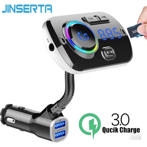 JINSERTA Bluetooth V5.0 Wireless FM Modulator Connect 2 Phones Car MP3 Player 3.5mm AUX play Support TF USB Pendrive Music QC3.0