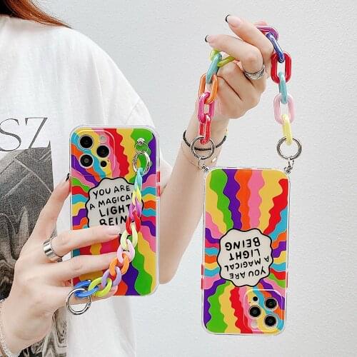 Wrist Chain Case for iPhone 12 Pro Max 7 8 XR XS Max SE 20 Graffiti Cases Cute Rainbow bracelet Chain Hanging Case for iPhone 11