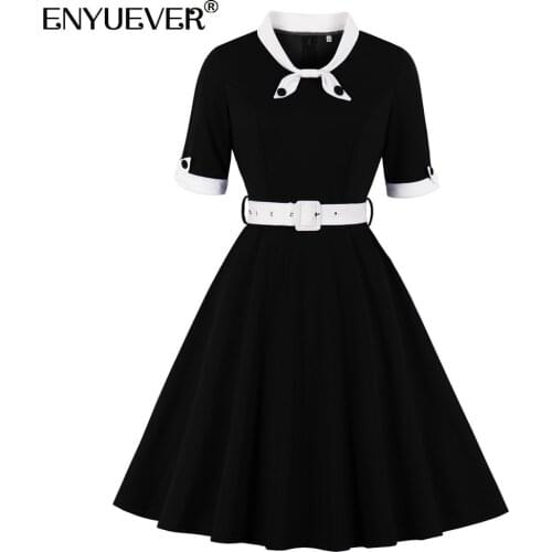 Enyuever Elegant Black And White Women Dress 2021 Casual Clothes Half Sleeve Patchwork Robe Pin Up Swing Office Ladies Dresses
