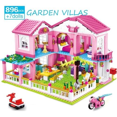896Pcs Girls Pink Garden Villa Model Building Blocks Princess Doll House DIY Play Games Toys For Children Girls Birthday Gifts