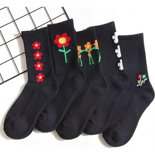 Preppy Style Black 1Pair Flower Pattren Cotton Mid Tube Socks Nice Gift for Summer for Women Soft Harajuku
