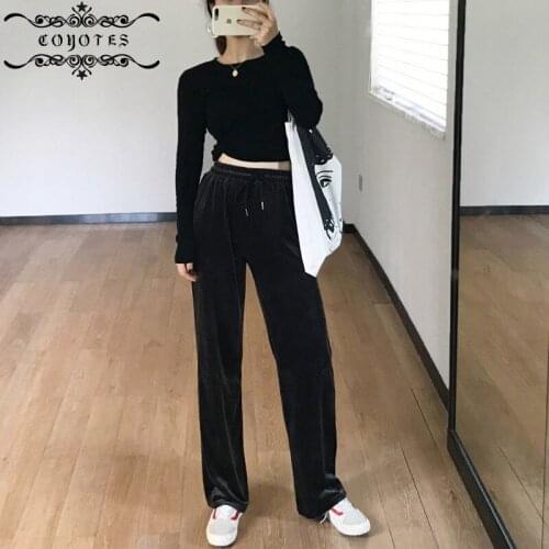 COYOTES Womens Pant Solid High Waist Drawstring Wide Leg Pants Women Korean Trendy Loose Soft Retro Trousers Simple All-match