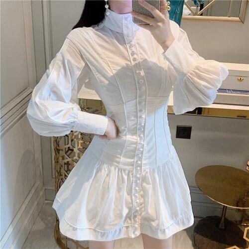 New Fashion Slim A Line Womens Dress Female Elegant Turtleneck Long Lantern Sleeve High Waist Hollow Out Mini Dresses