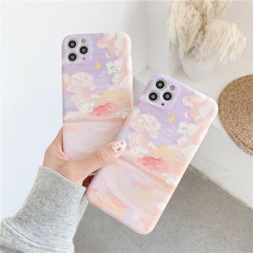 New Fashion Oil Painting Pink Clouds Phone Cases for iPhone 12 Fantasy Night View Soft Covers for iPhone 11/7/8/XS/X/XR/MAX
