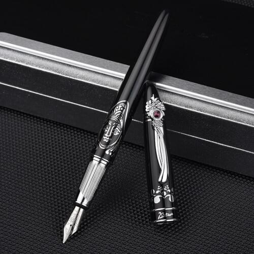 Pimio928 Pure Black Fountain Pen Unique Silver Clip with Gem High-end Business Christmas Gift 0.5mm Ink Pens with Gift Box