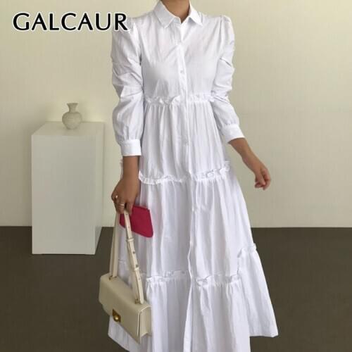 GALCAUR Elegant Dress For Women Lapel Collar Puff Long Sleeve High Waist Patchwork Fungus Oversized Dresses Female 2020 Clothing