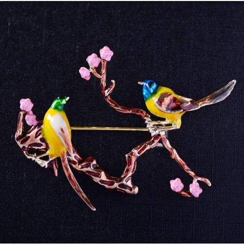 Colorful Enamel Plated Bird Flower Brooches Pins For Women Cubic Zirconia Magpie Branch Corsage Wedding Party Luxury Bouttoniere