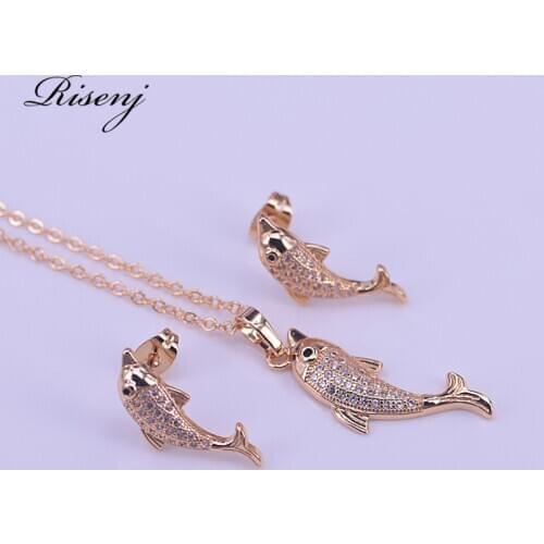 Risenj dolphin square 18K Gold Costume Jewelry Set Stud Earrings Necklace Pendant Set Pretty Present